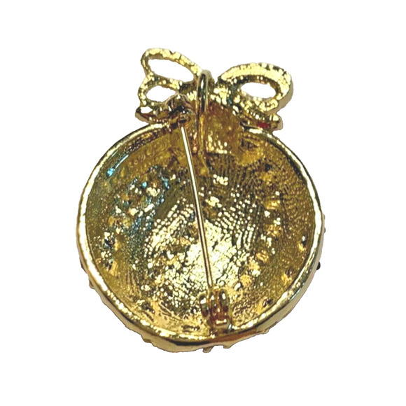 Christmas Ornament Brooch Festive Gold Holiday Pin Red Enamel Rhinestone Pendant - Picture 6 of 8